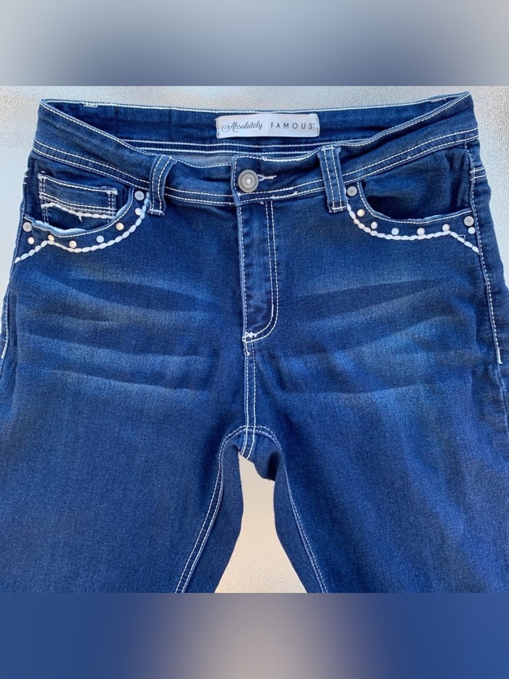 Absolutely Famous Blue Bling Embellished Straight Leg Jeans ~ Women’s 12 - Picture 3 of 8